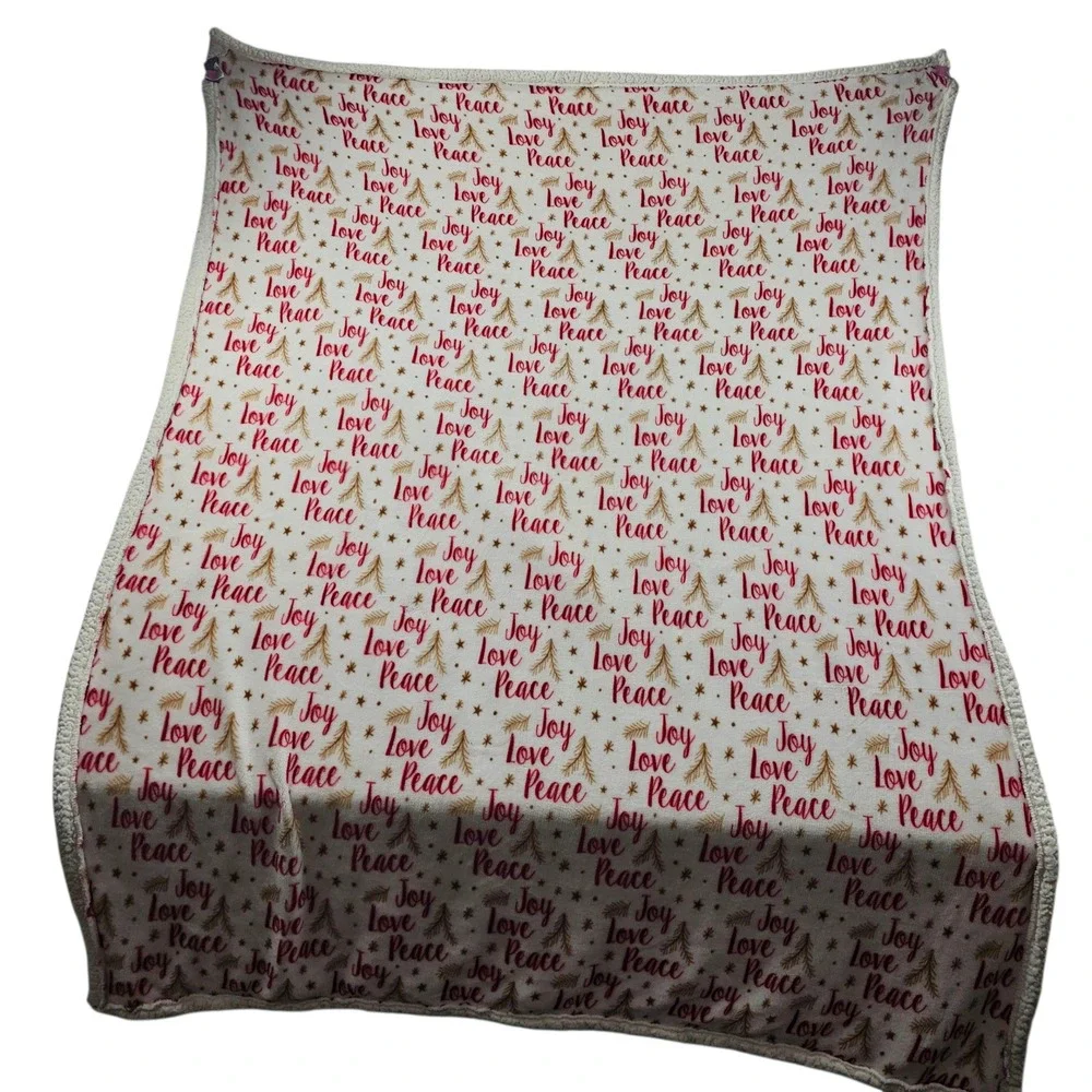 Christmas Holiday Joy‎ Peace Love Throw Blanket Ivory Red Gold Decor